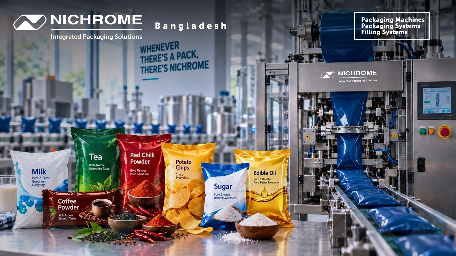Nichrome packaging machine with food and FMCG products in Bangladesh