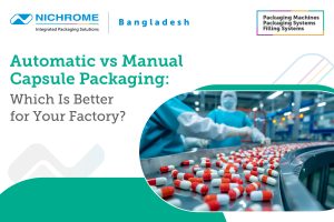 Automatic capsule packaging machine filling capsules in a pharmaceutical factory in Bangladesh